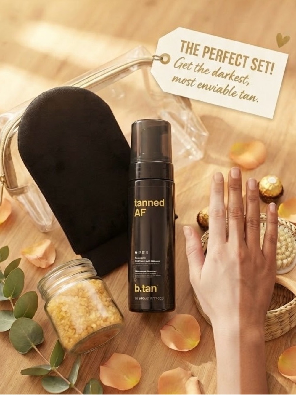 NWT b.tan Glow Getter 2x Tanned AF 1-Hour Mousse + Mitt Set